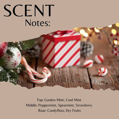 Scent Notes graphic featuring a holiday-themed photo of candy canes, ornaments, pinecones, and a red-and-white striped gift box on a rustic wooden surface, with text listing flavor notes: Garden Mint, Cool Mint, Peppermint, Spearmint, Strawberry, and Candyfloss.