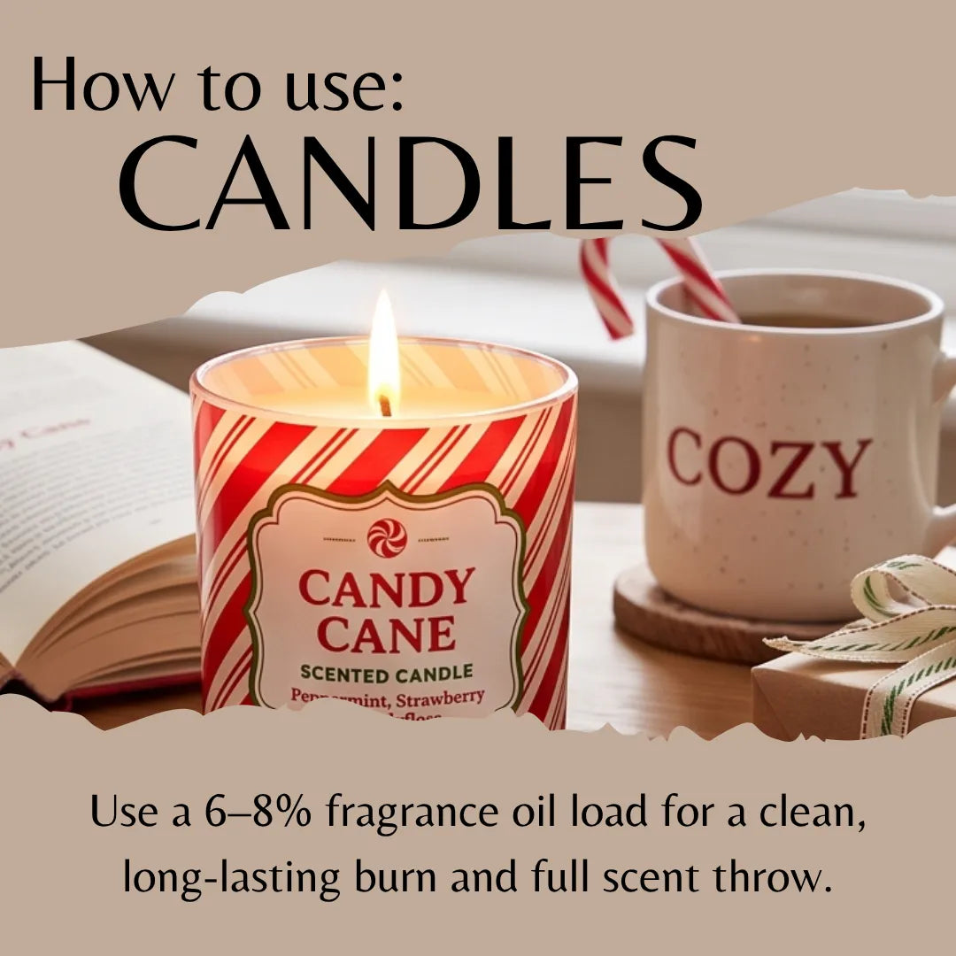 Instructional graphic titled 'How to use: CANDLES' showing a lit 'Candy Cane' scented candle in the foreground, with a mug labeled 'COZY' and an open book in a cozy indoor setting. Text explains using a fragrance oil load for a clean, long-lasting burn.