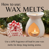 A product usage graphic showing a white wax warmer with a lit tealight candle inside, next to a clear jar of red-and-white striped candy canes labeled 'CANDY CANE.' Large text reads 'How to use: WAX MELTS,' with smaller text below about fragrance oil load.