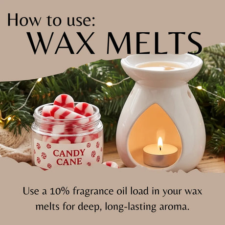 A product usage graphic showing a white wax warmer with a lit tealight candle inside, next to a clear jar of red-and-white striped candy canes labeled 'CANDY CANE.' Large text reads 'How to use: WAX MELTS,' with smaller text below about fragrance oil load.