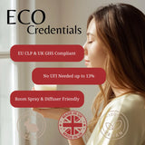 Promotional graphic for ECO Credentials room spray and diffuser friendly product, featuring a woman in profile holding a cup, with text badges about EU CLP & UK GHS compliance, low UFI, and room-friendly attributes.
