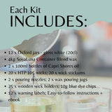 A product information graphic with the heading 'Each Kit INCLUDES:' over a softly blurred photo of wax melting in a pot. A bulleted list details included items such as 12 gloss white Oxford jars, 4kg SoyaLuna container blend wax, 2 x 100ml bottles of Capri Shores oil, wicks, nozzles, wooden wick holders, blue dye chips, and an ebook.
