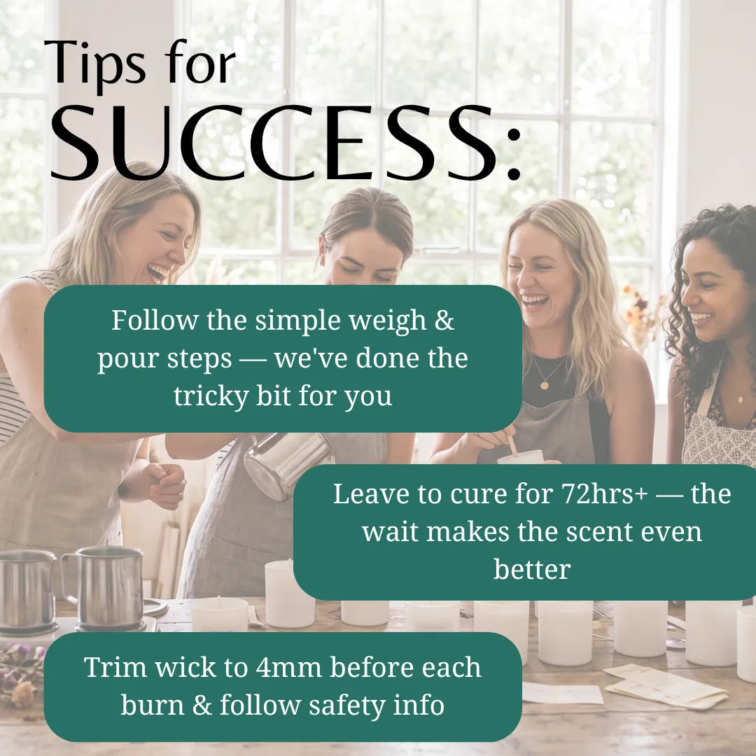A promotional graphic with the headline 'Tips for SUCCESS:' over a softly blurred photo of four women standing at a table with wax melts or candles. Three teal text boxes contain tips about weighing and pouring, curing time, and trimming the wick.
