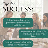 A promotional graphic with the headline 'Tips for SUCCESS:' over a softly blurred photo of four women standing at a table with wax melts or candles. Three teal text boxes contain tips about weighing and pouring, curing time, and trimming the wick.