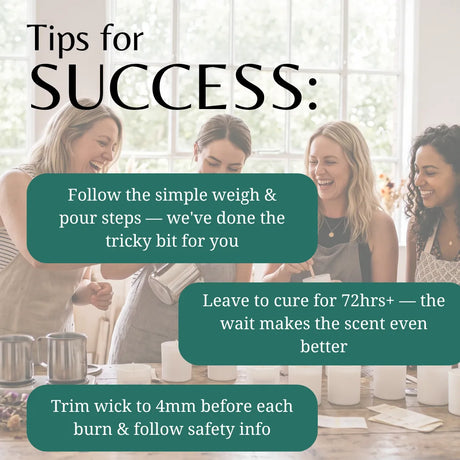 A promotional graphic with the headline 'Tips for SUCCESS:' over a softly blurred photo of four women standing at a table with wax melts or candles. Three teal text boxes contain tips about weighing and pouring, curing time, and trimming the wick.