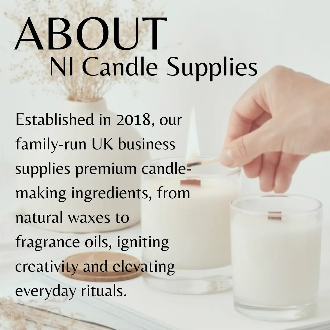 Promotional graphic for NI Candle Supplies featuring a hand lighting a white candle with a wooden wick. Large black text on the left reads 'ABOUT NI Candle Supplies' with company history.