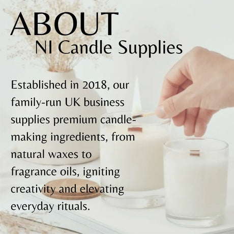 Promotional graphic for NI Candle Supplies featuring a hand lighting a white candle with a wooden wick. Large black text on the left reads 'ABOUT NI Candle Supplies' with company history.