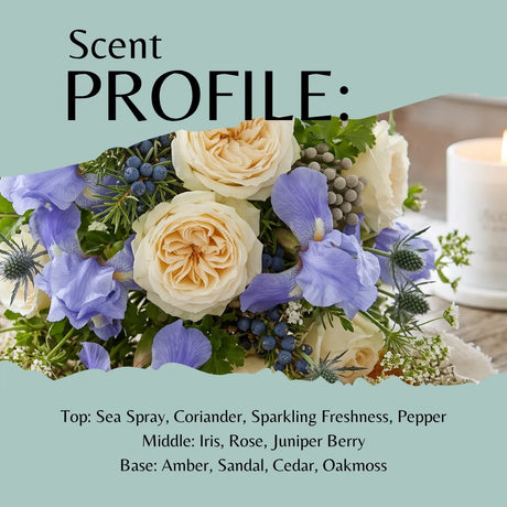 A scent profile graphic for a floral arrangement or bouquet, showing a close-up bouquet with cream roses, lavender-blue flowers, green foliage, and blue berries on a pale blue background. Large text reads 'Scent PROFILE:' and smaller text lists fragrance notes: Sea Spray, Coriander, Sparkling Freshness, Pepper, Iris, Rose, Juniper Berry, Amber, Sandal, Cedar, and Oakmoss.