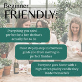 Promotional graphic for a beginner-friendly candle-making course or kit, featuring three women in a greenhouse setting with text overlays describing key features like step-by-step instructions and fun group activities.