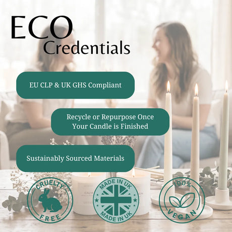 Promotional graphic for 'ECO Credentials' featuring three lit white pillar candles on a table, with blurred women in the background. Text highlights compliance, recyclability, and sustainably sourced materials, alongside circular badges for cruelty-free, made in UK, and vegan.