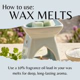 Wax melt burner with wax melts and a candle, surrounded by nature.