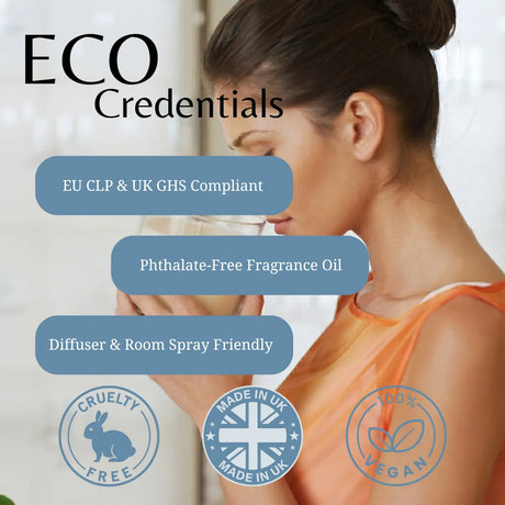 Woman holding a diffuser with eco-friendly product features displayed on screen