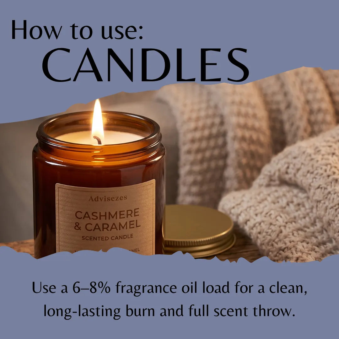 Instructional graphic titled 'How to use: CANDLES' showing a lit amber glass candle jar with cream wax, a cream label reading 'Adviseezes CASHMERE & CARAMEL SCENTED CANDLE,' and a gold lid beside it on a cozy knit blanket background.