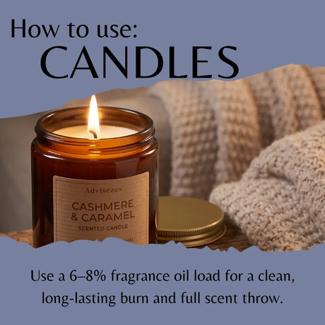 Instructional graphic titled 'How to use: CANDLES' showing a lit amber glass candle jar with cream wax, a cream label reading 'Adviseezes CASHMERE & CARAMEL SCENTED CANDLE,' and a gold lid beside it on a cozy knit blanket background.