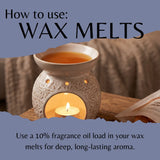 Instructional graphic titled 'How to use: WAX MELTS' showing a white ceramic wax warmer with a lit candle inside, filled with amber-colored fragrance oil, on a wooden surface with a soft blanket in the background.