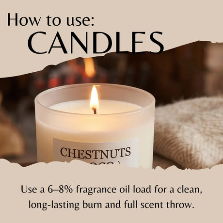 Candle labeled 'Chestnuts' with text on how to use candles and fragrance oil load.