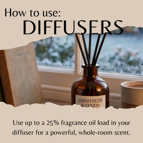 Diffuser bottle labeled 'Chestnuts & Cocoa' with text on how to use diffusers.