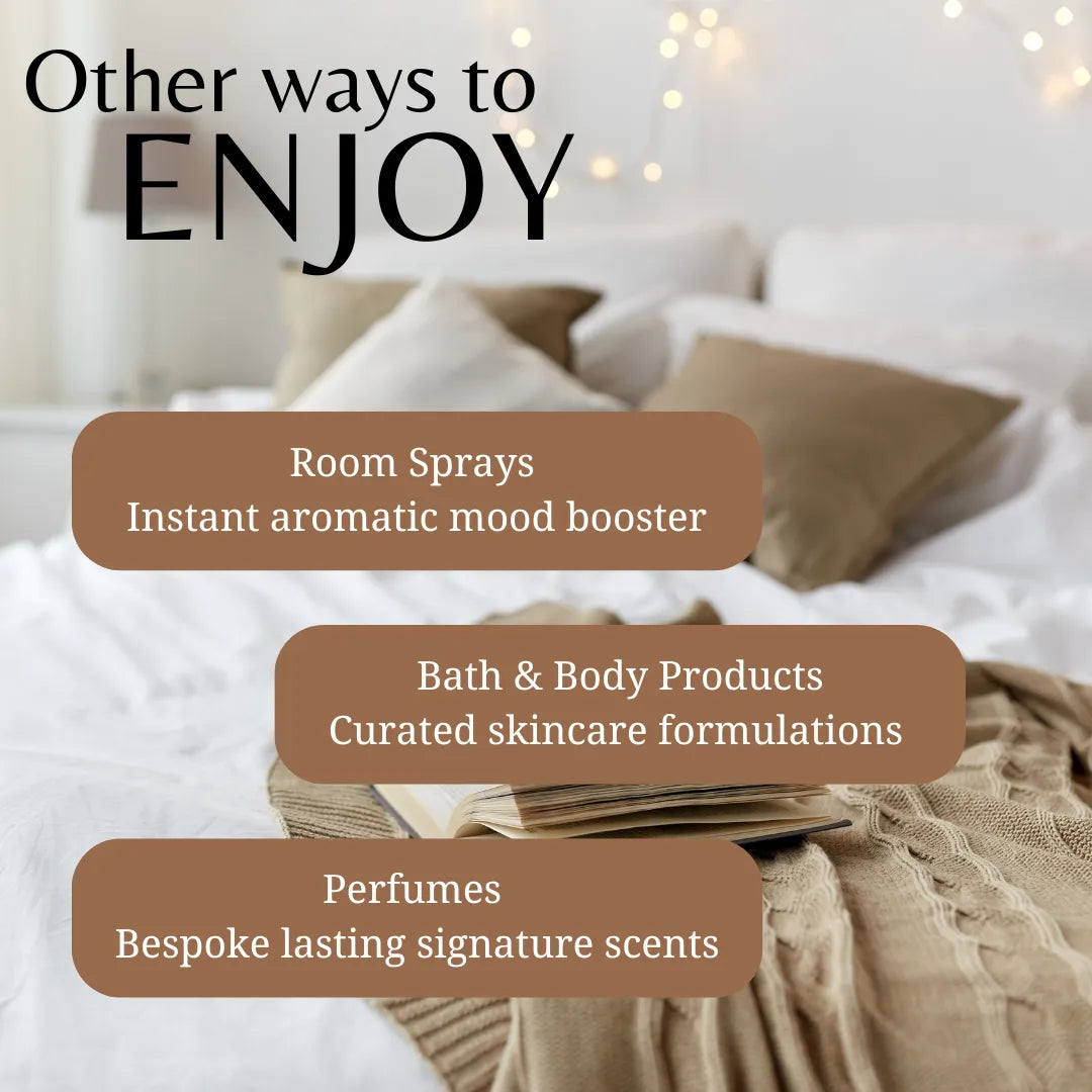 Text overlay on a blurred bedroom scene with 'Other ways to ENJOY' and product categories.