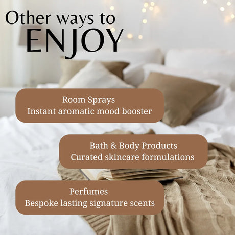 Text overlay on a blurred bedroom scene with 'Other ways to ENJOY' and product categories.