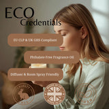 Woman holding a candle with eco-friendly product features displayed on screen