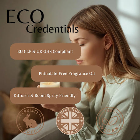 Woman holding a candle with eco-friendly product features displayed on screen