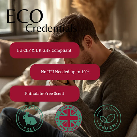 A man in a cozy indoor setting with overlaid marketing text reading 'ECO Credentials' and feature callouts including 'EU CLP & UK GHS Compliant', 'No UFI Needed up to 10%', 'Phthalate-Free Scent', plus certification-style icons for cruelty-free, made in UK, and vegan.