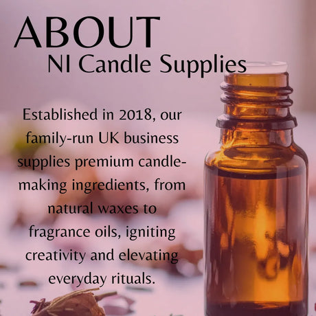 Promotional graphic for NI Candle Supplies featuring a brown amber glass bottle filled with oil on the right and black text on the left reading 'ABOUT NI Candle Supplies' and a short company description over a soft pink background.