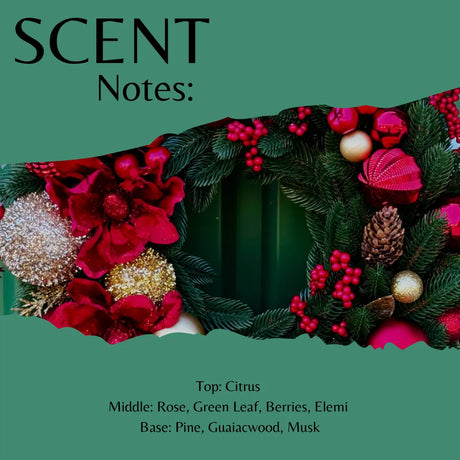 Scent Notes graphic featuring a festive Christmas wreath with red flowers, berries, pinecones, and ornaments on a teal background, with text listing citrus, rose, green leaf, berries, elemi, pine, guaiacwood, and musk notes.