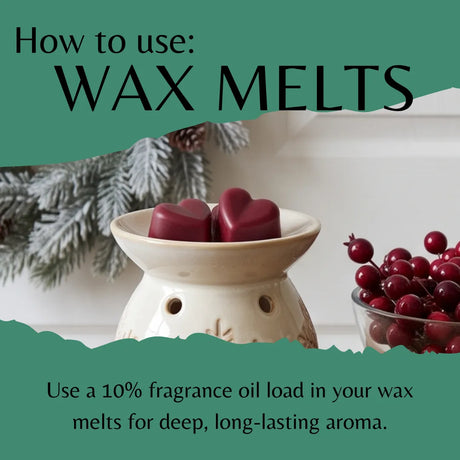 Instructional graphic titled 'How to use: WAX MELTS' showing a cream-colored ceramic wax warmer with two dark red heart-shaped wax melts inside, alongside a small bowl of red berries and evergreen branches. Text explains using a 10% fragrance oil load for deep, long-lasting aroma.