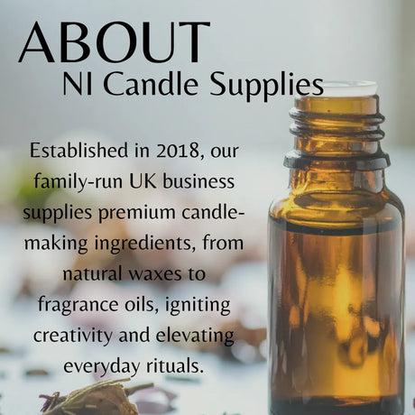 Brown bottle with a blurred background and text about NI Candle Supplies.