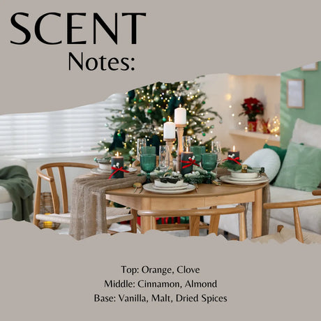 Scent Notes graphic showing a cozy holiday dining scene with a decorated Christmas tree, table setting, and text listing fragrance notes: Orange, Clove, Cinnamon, Almond, Vanilla, Malt, and Dried Spices.