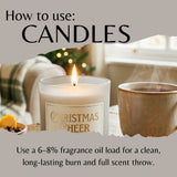 Instructional graphic titled 'How to use: CANDLES' showing a lit 'Christmas Cheer' candle in a glass jar, with a mug and cozy indoor background, plus text about fragrance oil load and full scent throw.