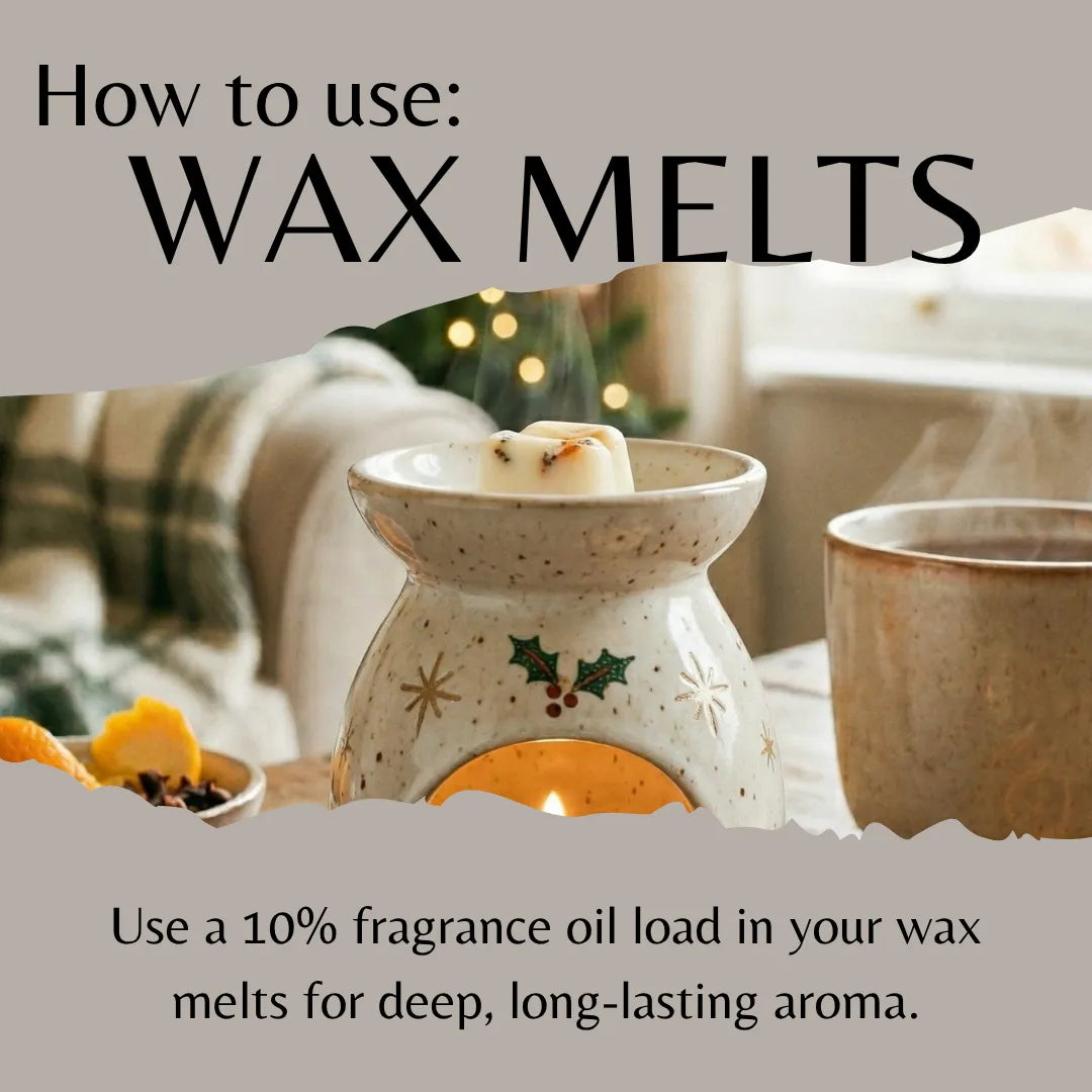 An instructional graphic titled 'How to use: WAX MELTS' shows a ceramic wax warmer with a lit candle inside, alongside a mug and warm holiday decor in a cozy indoor setting. Text at the bottom reads, 'Use a 10% fragrance oil load in your wax melts for deep, long-lasting aroma.