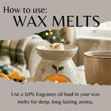 An instructional graphic titled 'How to use: WAX MELTS' shows a ceramic wax warmer with a lit candle inside, alongside a mug and warm holiday decor in a cozy indoor setting. Text at the bottom reads, 'Use a 10% fragrance oil load in your wax melts for deep, long-lasting aroma.