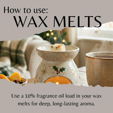 An instructional graphic titled 'How to use: WAX MELTS' shows a ceramic wax warmer with a lit candle inside, alongside a mug and warm holiday decor in a cozy indoor setting. Text at the bottom reads, 'Use a 10% fragrance oil load in your wax melts for deep, long-lasting aroma.