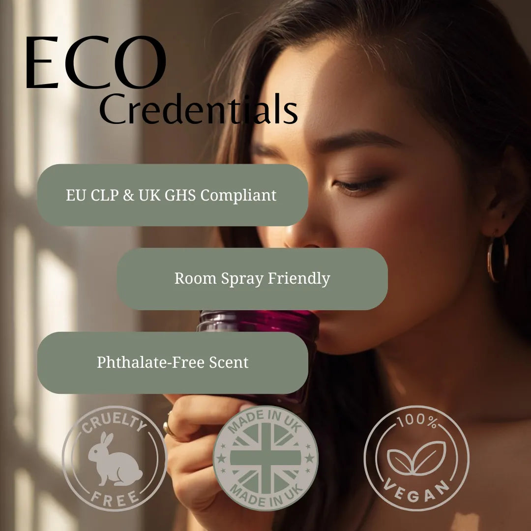 A woman holds a small purple room spray bottle near her face in a softly lit interior. Large text reads 'ECO Credentials' with feature callouts including 'EU CLP & UK GHS Compliant', 'Room Spray Friendly', and 'Phthalate-Free Scent'.