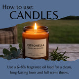 An instructional graphic titled 'How to use: CANDLES' shows a lit amber glass candle jar labeled 'CITRONELLA - BALMY SEA EVENING' on a rustic wooden surface with greenery and a blurred outdoor background.