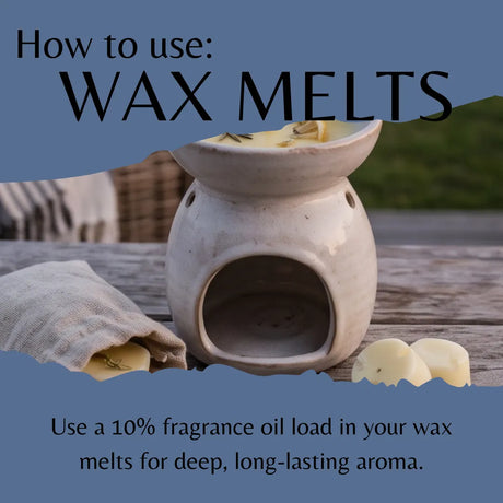 Instructional graphic titled 'How to use: WAX MELTS' showing a small ceramic wax warmer with fragrance oil, a cloth bag of wax melts, and two wax melts on a wooden surface, with text explaining fragrance oil load usage.