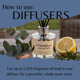 A reed diffuser bottle labeled CITRONELLA REED DIFFUSER sits on a wooden surface with a lemon half, eucalyptus leaves, cinnamon sticks, and rosemary sprigs. Large text reads 'How to use: DIFFUSERS' and smaller text says 'Use up to a 25% fragrance oil load in your diffuser for a powerful, whole-room scent.