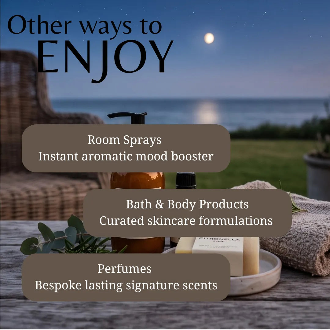 Promotional graphic with the headline 'Other ways to ENJOY' over a nighttime outdoor scene by the water, showing several product containers and bars arranged on a table with text callouts for room sprays, bath & body products, and perfumes.