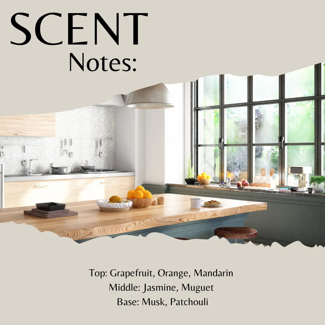 A fragrance notes graphic with a kitchen scene and the text 'SCENT Notes:' and 'Top: Grapefruit, Orange, Mandarin Middle: Jasmine, Muguet Base: Musk, Patchouli' on a beige background.