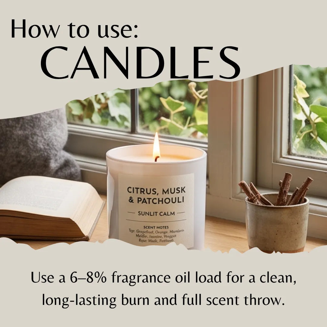 An instructional graphic titled 'How to use: CANDLES' shows a lit white candle labeled 'Citrus, Musk & Patchouli Sunlit Calm' on a windowsill with an open book and a small cup of wicks nearby. Text at the bottom explains using fragrance oil for a clean, long-lasting burn.