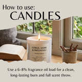 An instructional graphic titled 'How to use: CANDLES' shows a lit white candle labeled 'Citrus, Musk & Patchouli Sunlit Calm' on a windowsill with an open book and a small cup of wicks nearby. Text at the bottom explains using fragrance oil for a clean, long-lasting burn.