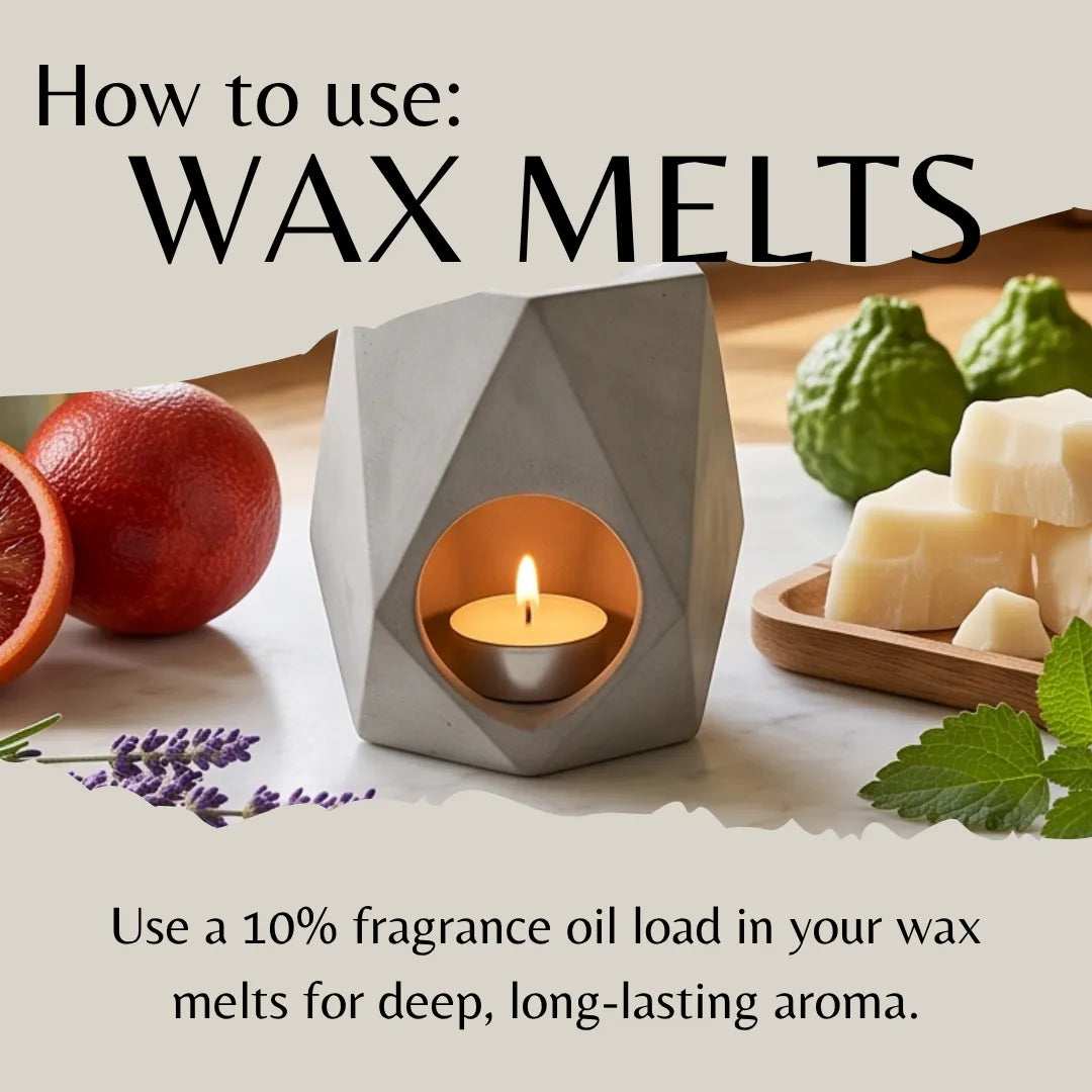 A geometric gray candle holder with a lit tea light candle, surrounded by citrus slices, lavender sprigs, green limes, and wax melts on a wooden tray. Text at the top reads 'How to use: WAX MELTS' and text at the bottom explains using fragrance oil load in wax melts for deep, long-lasting aroma.