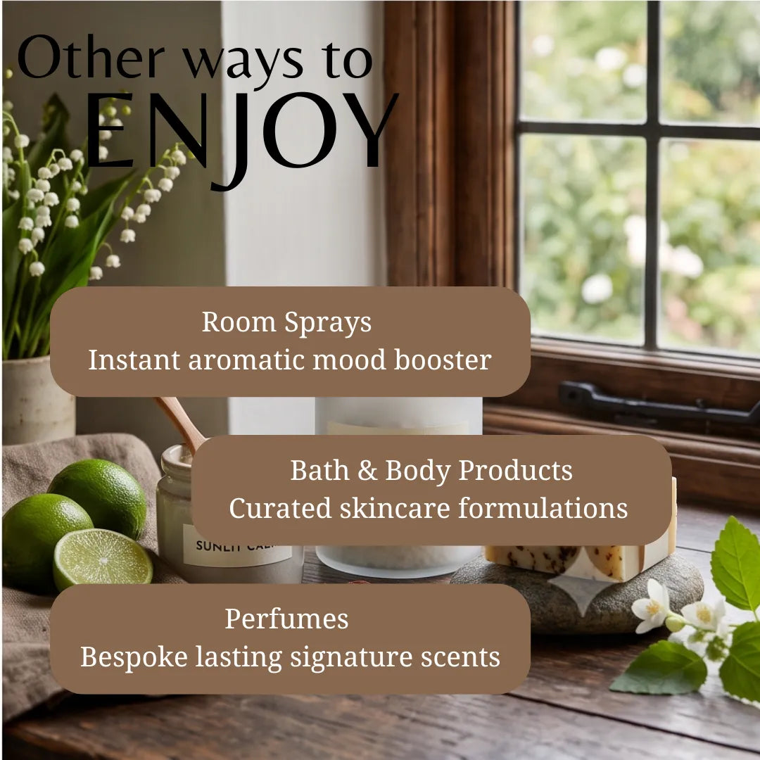 Promotional graphic with the headline 'Other ways to ENJOY' over a styled indoor scene by a window. Overlaid text lists product categories: 'Room Sprays', 'Bath & Body Products', and 'Perfumes', with small product examples including candles, limes, flowers, and a soap dish in a kitchen-like setting.