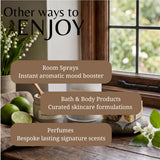 Promotional graphic with the headline 'Other ways to ENJOY' over a styled indoor scene by a window. Overlaid text lists product categories: 'Room Sprays', 'Bath & Body Products', and 'Perfumes', with small product examples including candles, limes, flowers, and a soap dish in a kitchen-like setting.