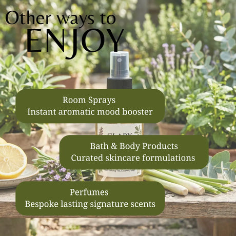 A bottle of room spray stands on a wooden surface outdoors in a garden setting, with three dark olive-green text boxes overlaid reading 'Other ways to ENJOY', 'Room Sprays Instant aromatic mood booster', 'Bath & Body Products Curated skincare formulations', and 'Perfumes bespoke lasting signature scents'.