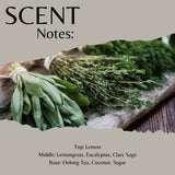 Scent profile graphic for a citrus-sage fragrance, featuring a photo of fresh herb bundles including lemon, thyme, and clary sage on a rustic wooden board. The top reads 'SCENT Notes:' and the bottom lists the fragrance notes: Top: Lemon, Middle: Lemongrass, Eucalyptus, Clary Sage, Base: Oolong Tea, Coconut, Sugar.