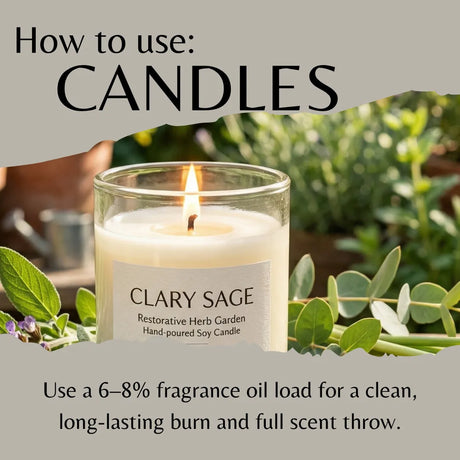 A lit glass jar candle labeled 'CLARY SAGE' with text reading 'How to use: CANDLES' and usage instructions below, set against a blurred garden background with greenery.