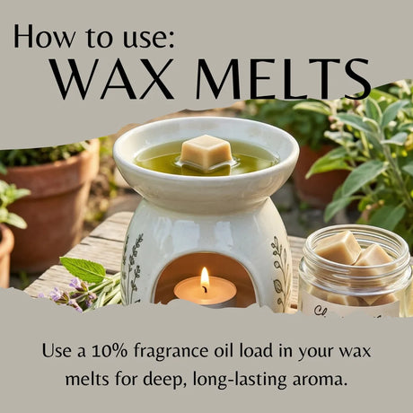 A lifestyle instructional graphic showing a white ceramic wax warmer with a lit tea light candle, a wax melt cube on top, and a jar of wax melts beside it, with text reading 'How to use: WAX MELTS' and usage instructions.